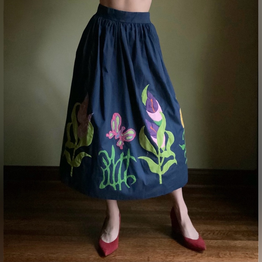 Flower Garden Skirt, Handmade, Funky Applique Midi Skirt